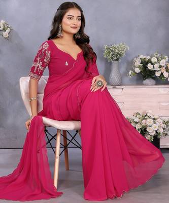 Pink georgette solid saree with embroidery work blouse piece 4