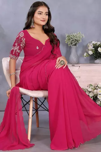 Pink georgette solid saree with embroidery work blouse piece