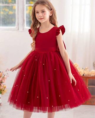 Red solid net fit & flare party dress for girls 1
