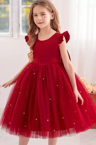 Red solid net fit & flare party dress for girls