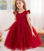 Red solid net fit & flare party dress for girls