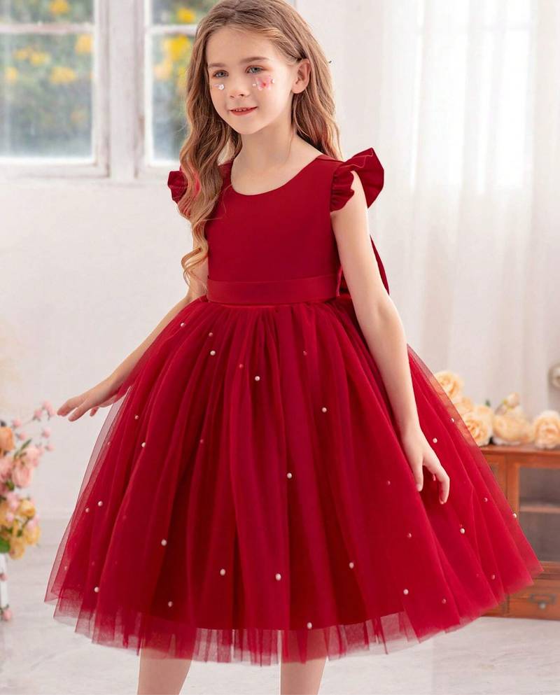 Red solid net fit & flare party dress for girls