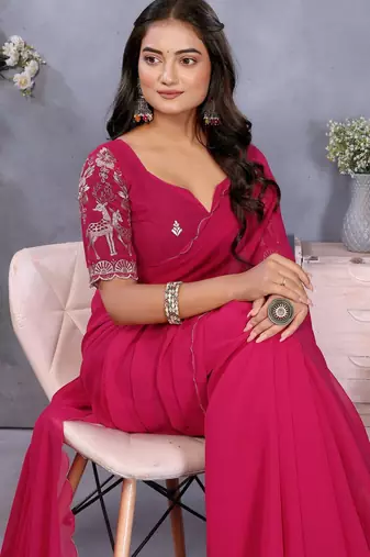 Pink georgette solid saree with embroidery work blouse piece