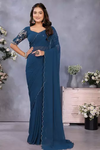 Blue georgette solid saree with embroidery work blouse piece