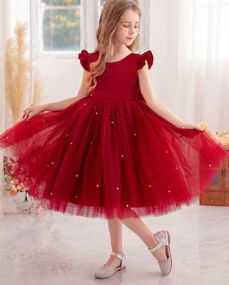 Red solid net fit & flare party dress for girls 2