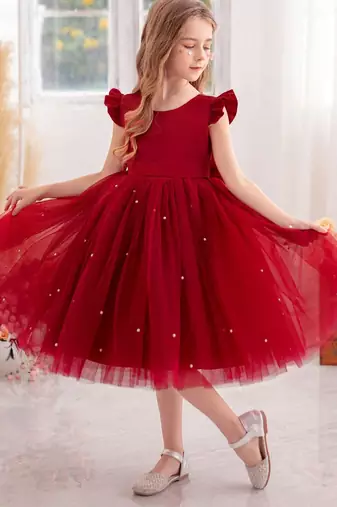 Red solid net fit & flare party dress for girls
