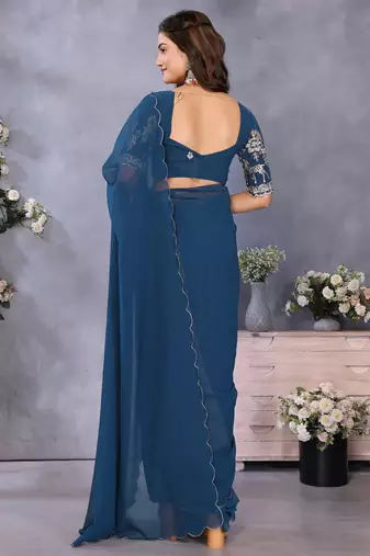 Blue georgette solid saree with embroidery work blouse piece