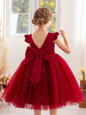 Red solid net fit & flare party dress for girls 3