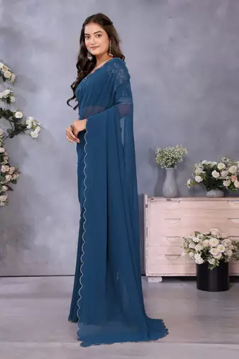 Blue georgette solid saree with embroidery work blouse piece