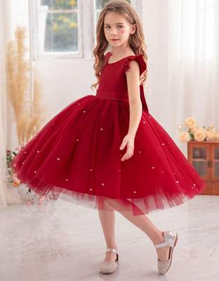 Red solid net fit & flare party dress for girls 4
