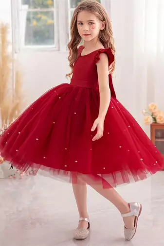 Red solid net fit & flare party dress for girls