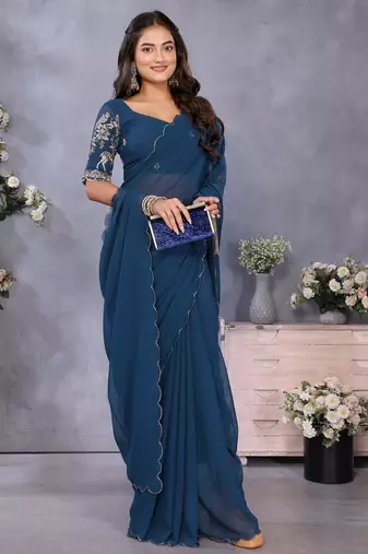 Blue georgette solid saree with embroidery work blouse piece