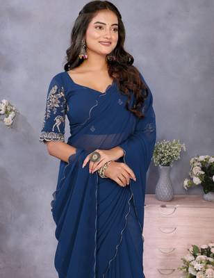 Blue georgette solid saree with embroidery work blouse piece 5