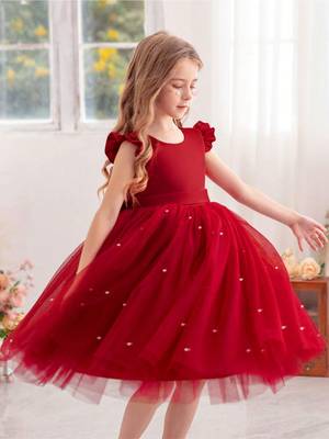 Red solid net fit & flare party dress for girls 5