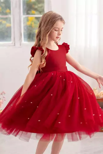 Red solid net fit & flare party dress for girls