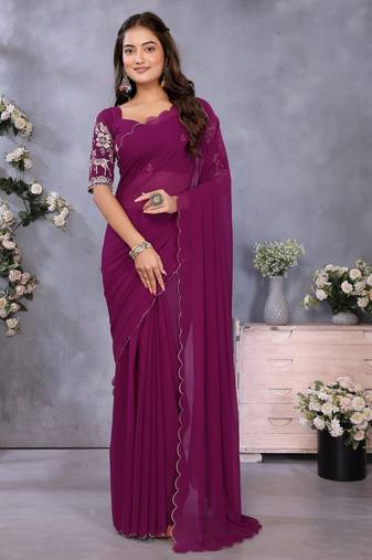 Purple georgette solid saree with embroidery work blouse piece