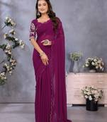Purple georgette solid saree with embroidery work blouse piece