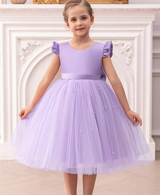 Purple solid net fit & flare party dress for girls 1