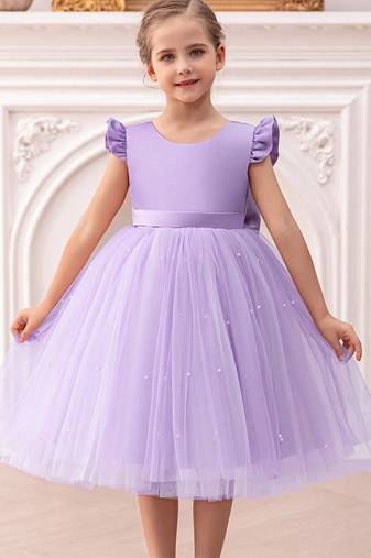 Purple solid net fit & flare party dress for girls