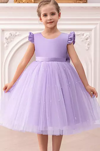 Purple solid net fit & flare party dress for girls