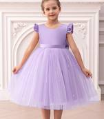Purple solid net fit & flare party dress for girls