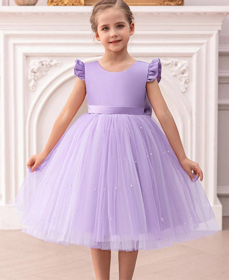 Purple solid net fit & flare party dress for girls