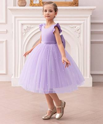 Purple solid net fit & flare party dress for girls 2