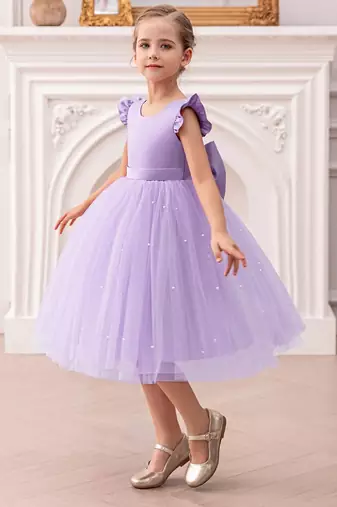 Purple solid net fit & flare party dress for girls