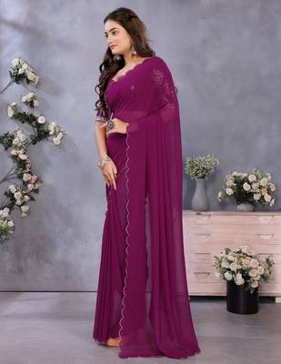 Purple georgette solid saree with embroidery work blouse piece 3