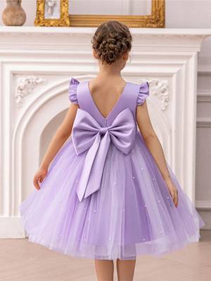 Purple solid net fit & flare party dress for girls 3