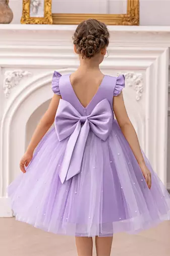 Purple solid net fit & flare party dress for girls