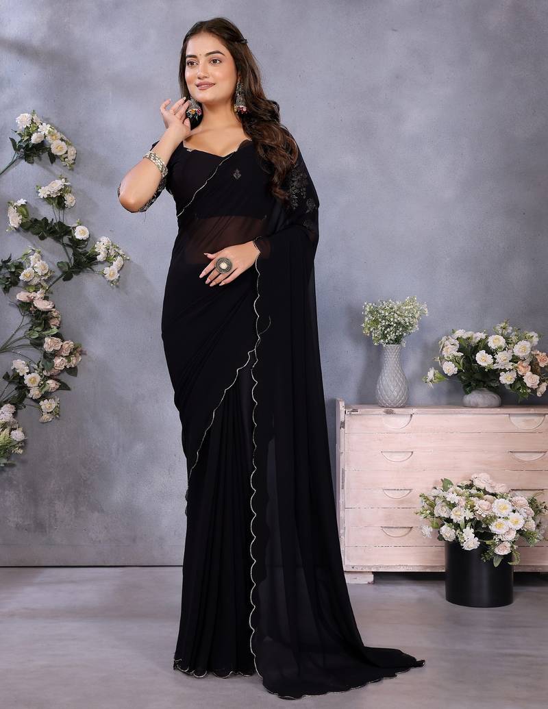 Black georgette solid saree with embroidery work blouse piece