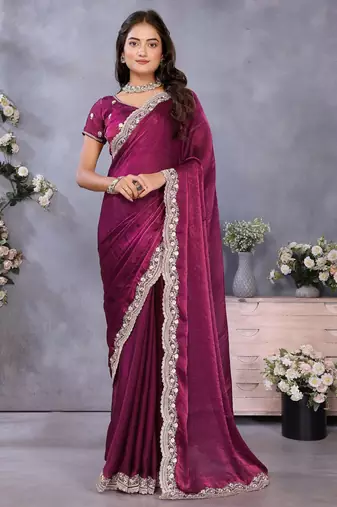 Purple fandy chiffon resham embroiderd saree with matching blouse piece