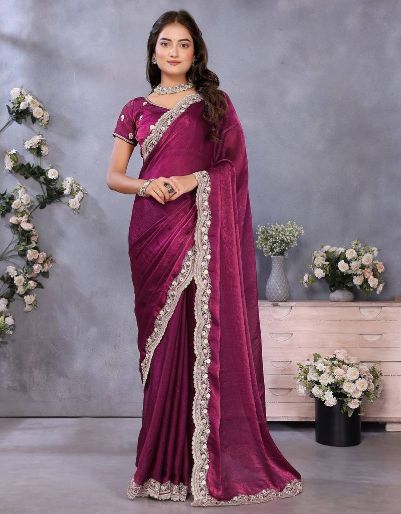 Purple fandy chiffon resham embroiderd saree with matching blouse piece