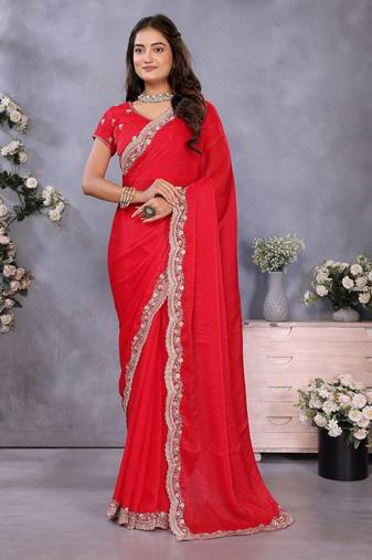 Red fandy chiffon resham embroiderd saree with matching blouse piece