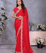 Red fandy chiffon resham embroiderd saree with matching blouse piece