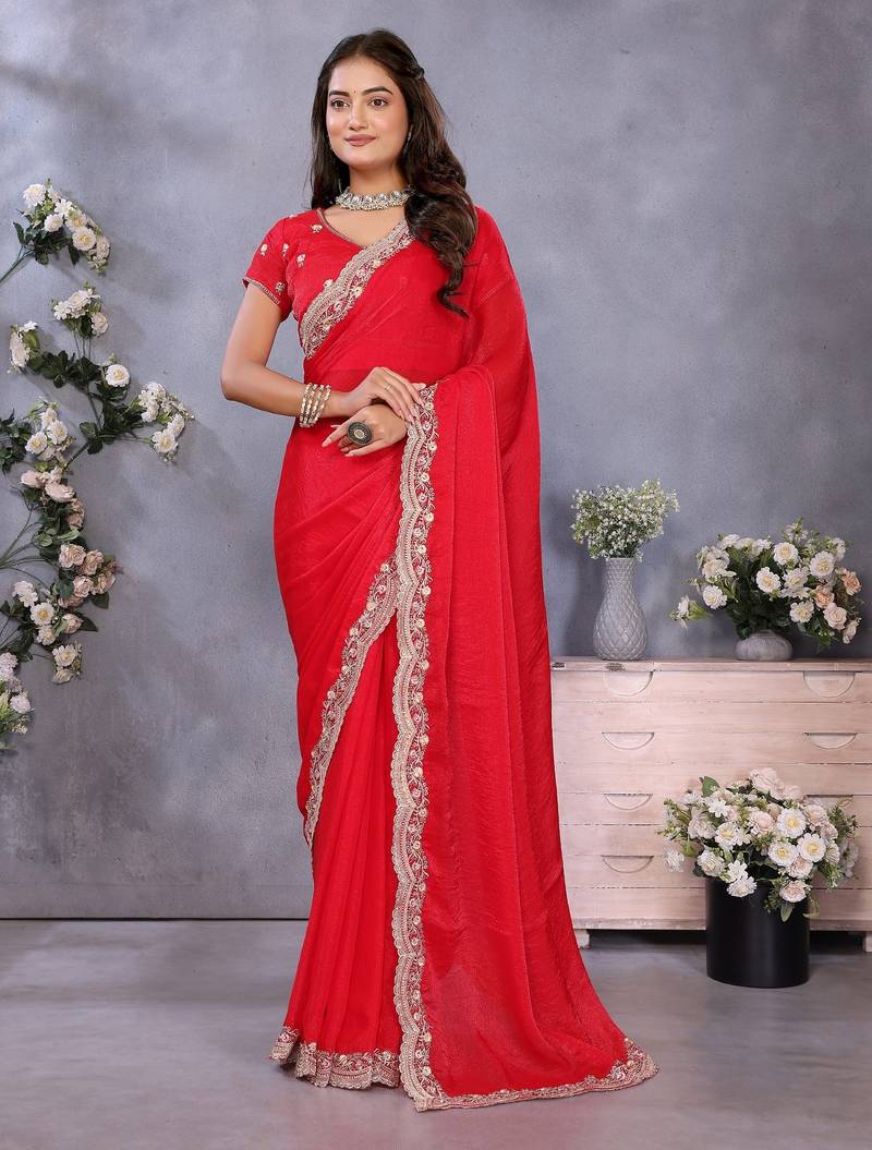 Red fandy chiffon resham embroiderd saree with matching blouse piece