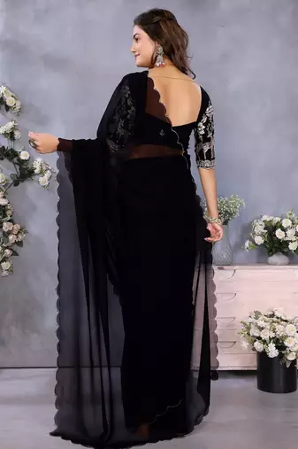 Black georgette solid saree with embroidery work blouse piece