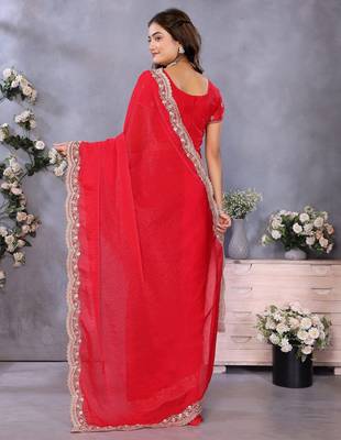 Red fandy chiffon resham embroiderd saree with matching blouse piece 2