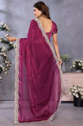 Purple fandy chiffon resham embroiderd saree with matching blouse piece