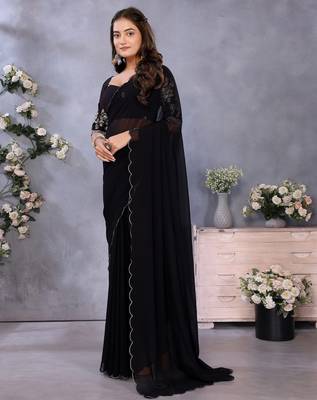 Black georgette solid saree with embroidery work blouse piece 3