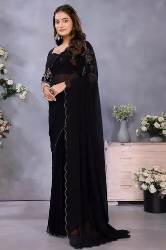Black georgette solid saree with embroidery work blouse piece