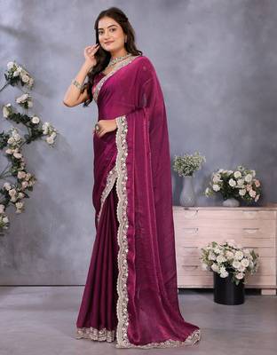Purple fandy chiffon resham embroiderd saree with matching blouse piece 3