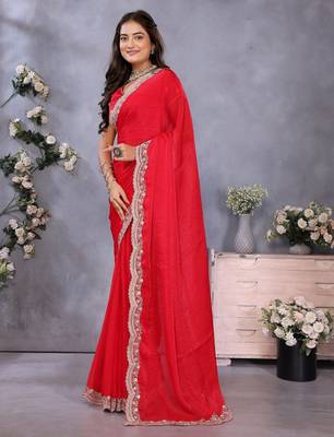 Red fandy chiffon resham embroiderd saree with matching blouse piece 3