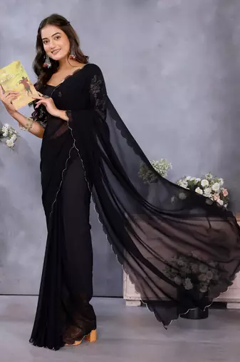 Black georgette solid saree with embroidery work blouse piece