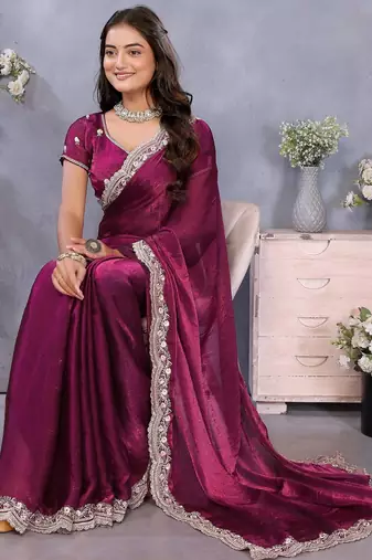 Purple fandy chiffon resham embroiderd saree with matching blouse piece