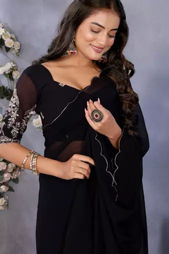 Black georgette solid saree with embroidery work blouse piece