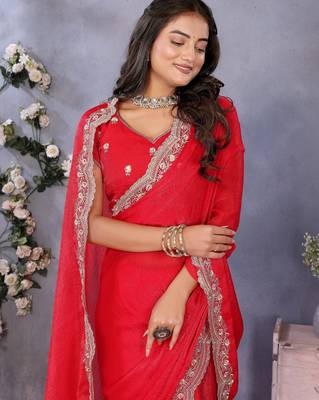 Red fandy chiffon resham embroiderd saree with matching blouse piece 5