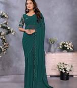 Teal georgette solid saree with embroidery work blouse piece