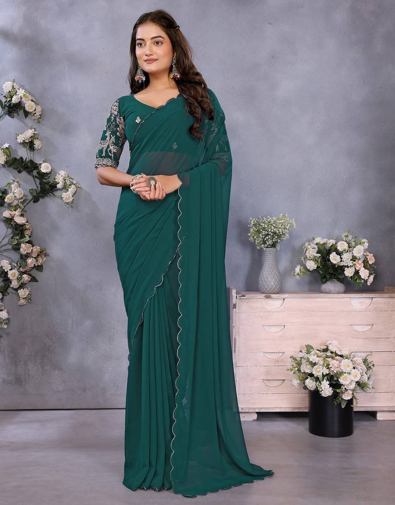 Teal georgette solid saree with embroidery work blouse piece
